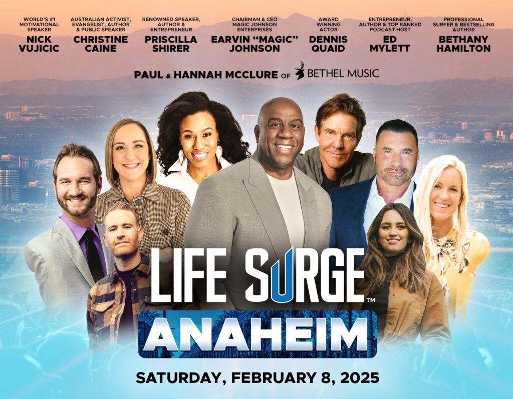 LIFE SURGE Anaheim 2025 event key art featuring headline speakers and bold text highlighting record-breaking salvations.