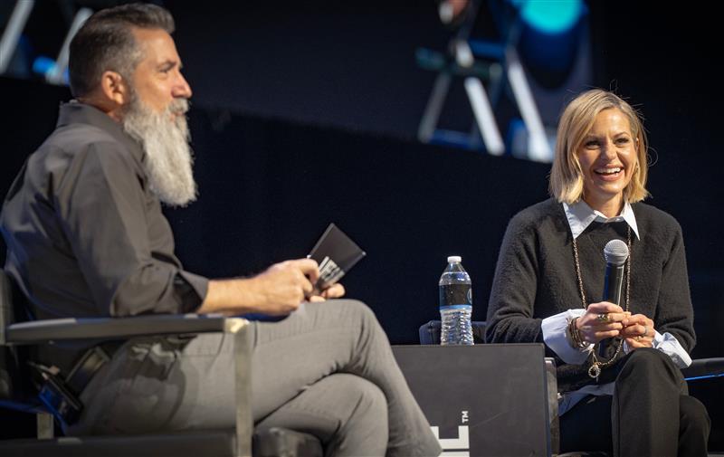 Candace Cameron Bure speaking on stage during the Life Surge Sacramento event on March 7, 2026.