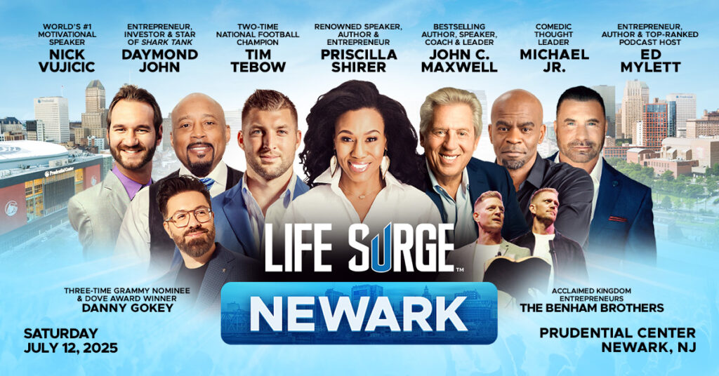 Life Surge Newark event graphic featuring speakers and performers with Life Surge logo and city name