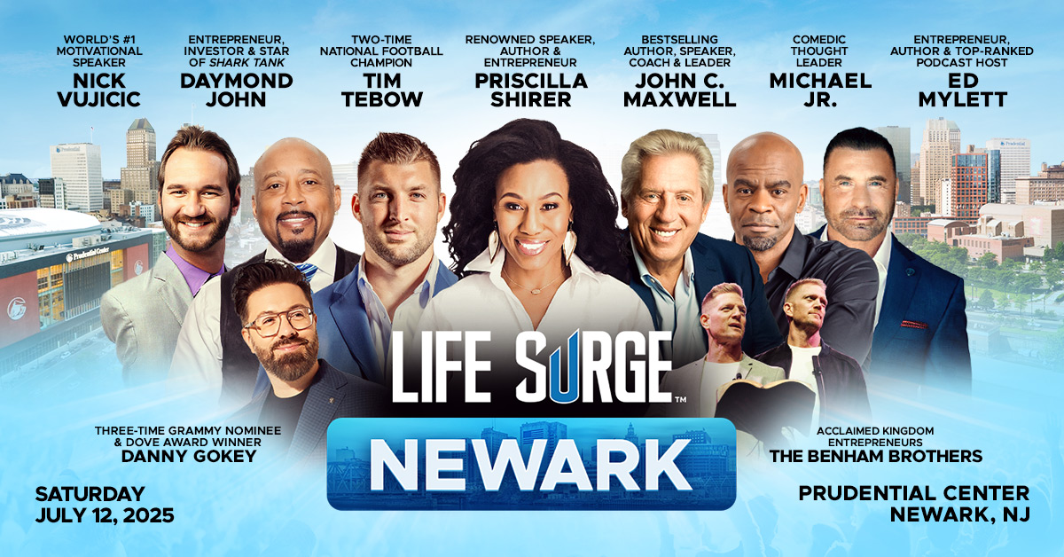 Life Surge Newark event graphic featuring speakers and performers with Life Surge logo and city name