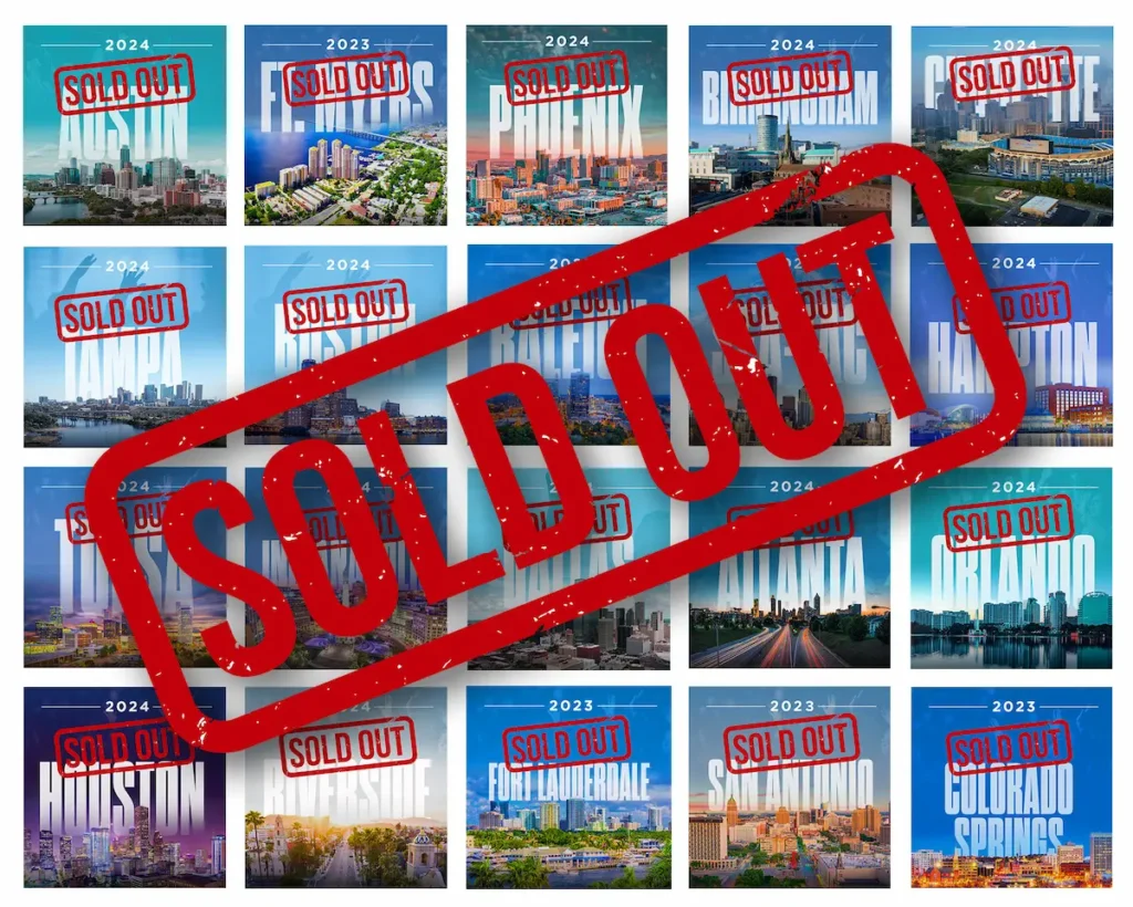Promotional image of past cities where Life Surge had been Sold Out with a Large Stamped SOLD OUT diagonally across the image