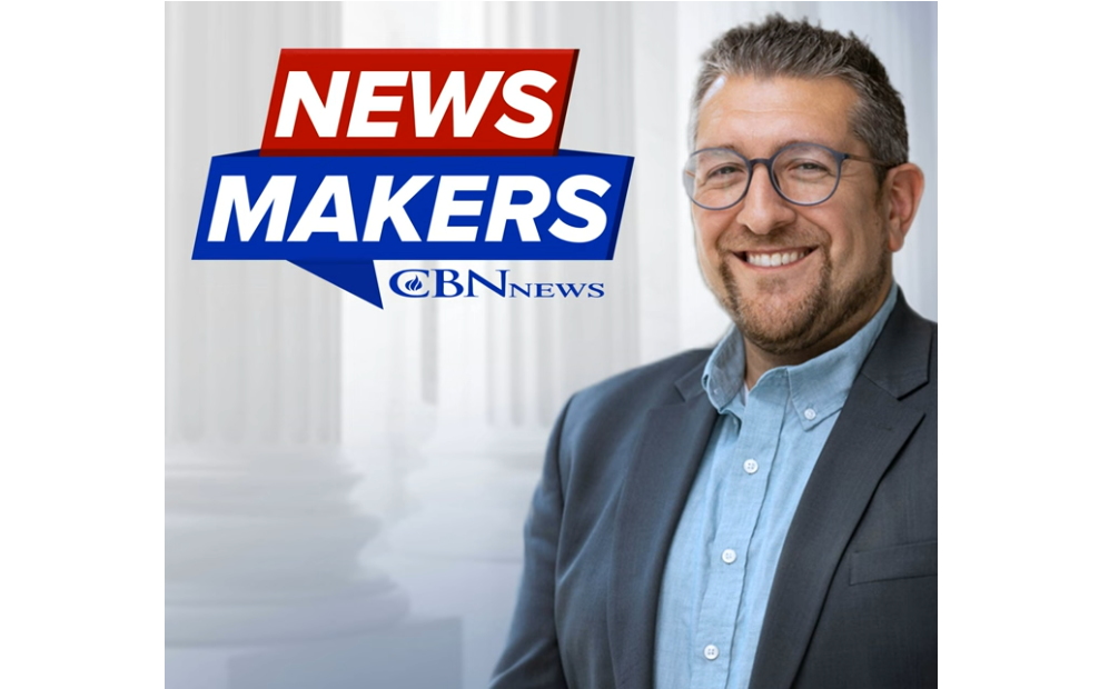 CBN News 'Newsmakers' podcast cover featuring host Billy Hallowell with title text and backdrop of white columns.