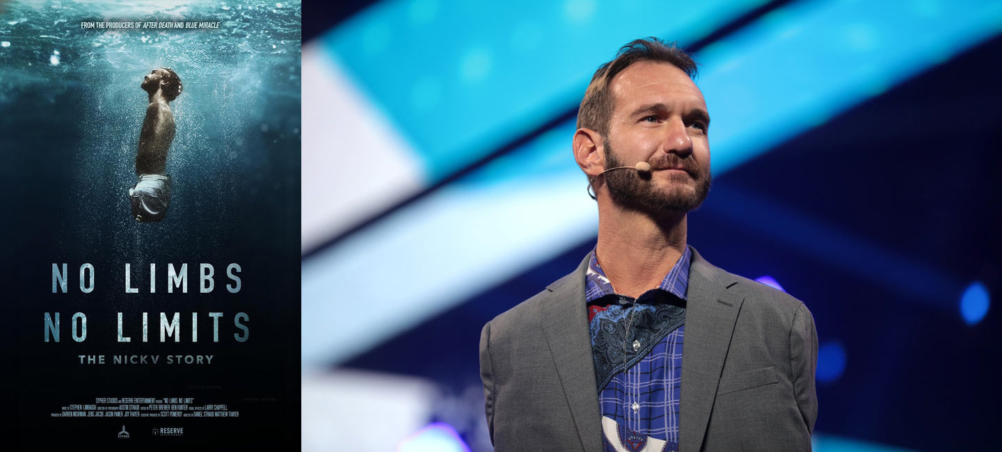 Poster for the Nick Vujicic documentary No Limbs, No Limits: The NickV Story beside Nick Vujicic speaking on stage